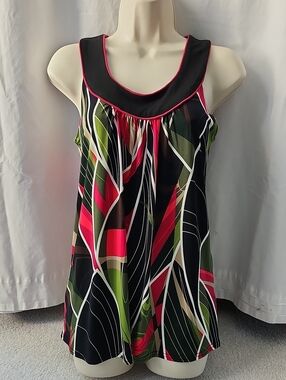 Christopher & Banks Black Tank Top with Pink, Green & Cream Abstract Stripes